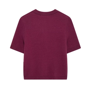 Back view of a burgundy slim-fit knit top with ribbed cuffs and hemline for women