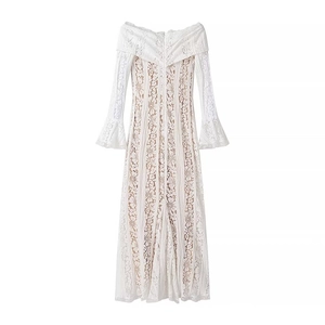 Elegant white lace off-shoulder long dress with floral texture and flared sleeves
