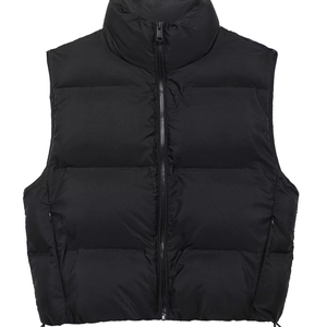 Women's black quilted puffer vest with stand collar and adjustable hem drawstring