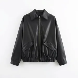 Giacca da Donna in Ecopelle alla Moda Casual con Risvolto Bomber Largo Autunno Inverno a Maniche Lunghe Streetwear Cappotto