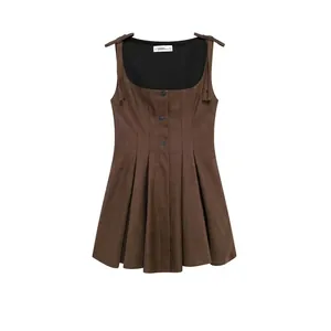 Women Vintage Houndstooth Pinafore Dress Square Neck Adjustable Bow Straps Button Front Pleated A-Line Sleeveless Dress