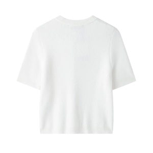Women's classic white short sleeve knit top with crew neck and ribbed trim detail