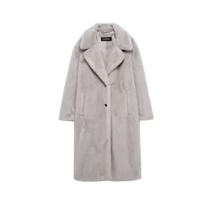Women Long Faux Fur Coat Notched Lapel Winter Warm Jacket Elegant Solid Color Soft Overcoat Outwear With Pockets