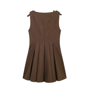 Brown sleeveless plaid dress for women with a pleated skirt and minimalist waist design