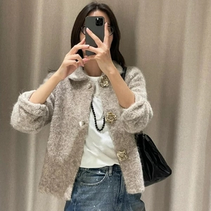 Cardigan da Donna in Maglia di Peluche Con Bottoni a Fiore Vintage Risvolto Morbido Caldo Manica Lunga Maglione Aperto Sul Davanti