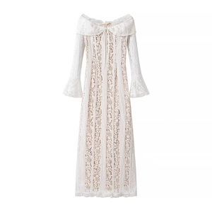 Elegant white lace long sleeve off-shoulder dress with ruffled neckline and floral patterns
