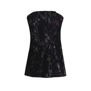 Vestito Corto da Donna Sexy Nero in Velluto con Paillettes Stampa Serpente Senza Spalline Bodycon per Club Party