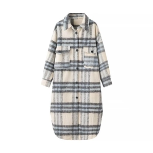 Women's autumn plaid long jacket shacket in white, gray, and light blue pattern