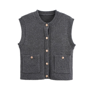 Detailed knit texture of a dark grey sleeveless cardigan vest with gold buttons
