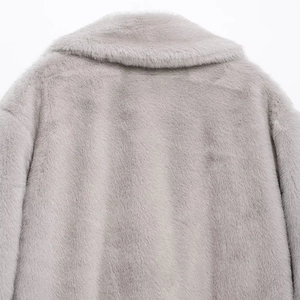 Light grey faux fur winter coat showing high-density short plush collar and back texture