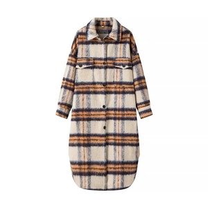 Women plaid long coat with orange and blue check pattern and chest pockets
