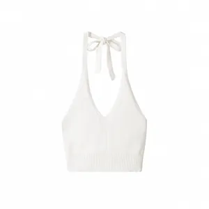 Women Sexy Halter Knitted Vest V Neck Bow Tie Backless Sleeveless Ribbed Hem Crop Top Solid White Streetwear Fashion