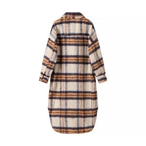 Women's plaid shacket mid-length coat in navy and orange check pattern for fall