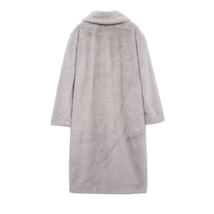 Back view of high-quality long faux fur coat in grey with elegant lapel and plush texture