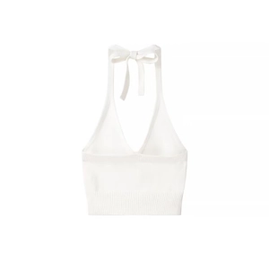 Slim fit white halter neck knitted crop top with ribbon tie and ribbed hem for women