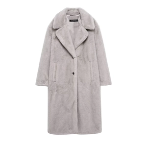 Neutral grey long faux fur coat with oversized lapels and single-breasted button closure