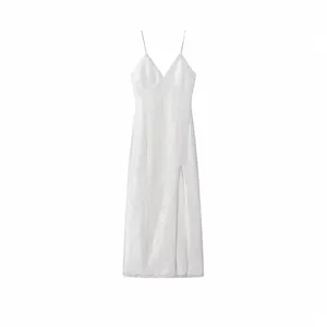 Vestito Donna Sexy Elegante Bianco Paillettes Spalline Sottili Scollo V Spacco Alto Midi Maxi per Festa Sera Banchetto Formale