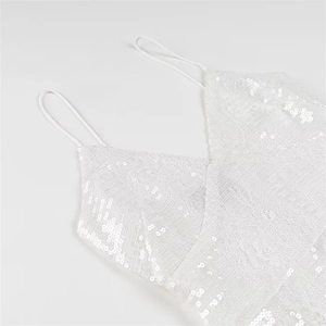Elegante abito sottoveste in pizzo con paillettes bianche da donna con scollo a v lucido