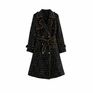Women Elegant Tweed Plaid Trench Coat Double Breasted Lapel Long Sleeve Jacket With Belt For Autumn Winter Fashion