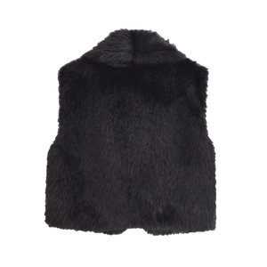 Vue arrière du gilet en fausse fourrure noire avec texture pelucheuse et grand col