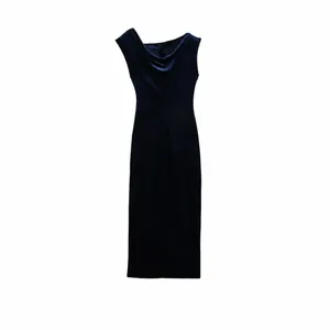 Elegant Velvet Midi Dress Sleeveless Cowl Neck Slim Fit Navy Blue Evening Party Banquet Dress For Women Luxurious Formal Dress