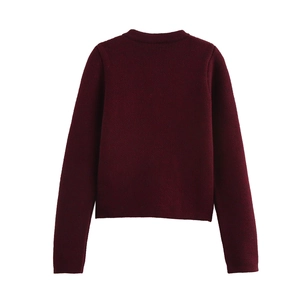 Detailed back view of a slim fit burgundy knit cardigan with fine ribbed texture