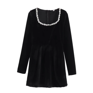 Elegant black velvet long sleeve dress with luxury crystal rhinestone square neckline