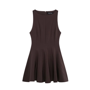 Detailed view of sleeveless A-line dress with round neck and pleated hem detail
