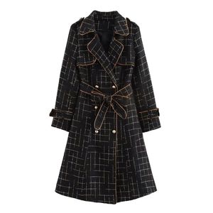 Elegant black tweed coat with orange trim and gold buttons in a double-breasted style