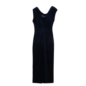 Elegant navy blue velvet midi dress featuring a sleeveless slim fit and draped cowl neck