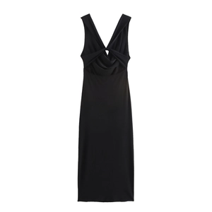 Elegantes rückenfreies schwarzes Midikleid mit ärmellosem V-Ausschnitt und Knotendetail