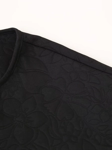 Detail of floral embroidery on black jacket with premium silky finish and round collar