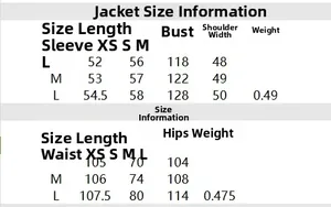 Detailed size chart for women hoodie jacket and pants set with precise measurements