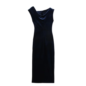 Elegant slim fit sleeveless navy blue velvet midi dress with asymmetric neckline for women