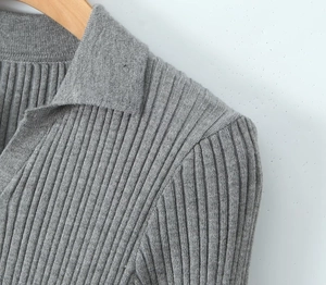 Detailed close-up of grey ribbed knit POLO dress with collar and button texture