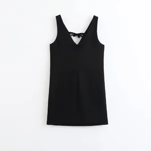 Elegant Sleeveless V Neck Mini Dress With Velvet Bow Back Details Black Fashion Short A Line Pullover Dress For Women
