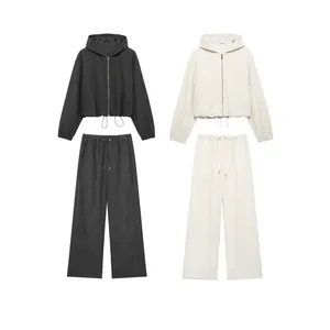 Women Casual Hooded Jacket Top Or Wide Leg Pants Solid Color Zip Up Drawstring Autumn Winter Streetwear Top Bottom