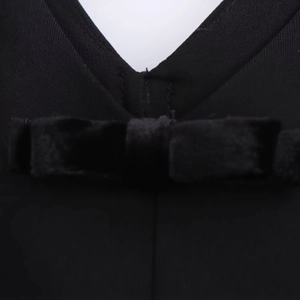 Women's black V-neck velvet dress featuring a decorative bow tie and straight silhouette