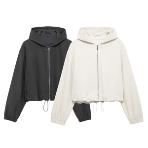 Women's cropped hooded jacket set with zipper closure and elastic cuffs in black and beige