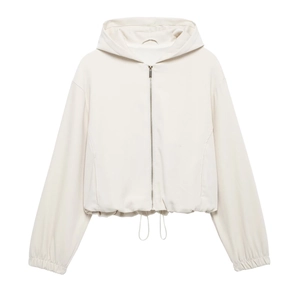 Women's trendy hooded zip-up jacket in cream white with adjustable drawstrings