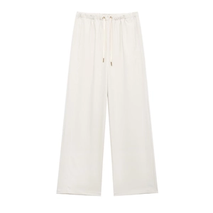 Women's cream wide-leg trousers with high elastic waist and gold-tipped drawstrings