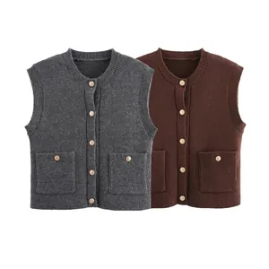Women's Vintage Round Neck Knit Vest Sleeveless Button Down Waistcoat With Pockets Casual Loose Ribbed Knit Tank Top