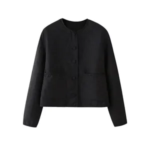 Women Fashion Black Round Neck Jacket Floral Embroidery Jacquard Pattern Long Sleeve Single Breasted Short Jacket Coat