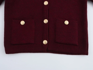 Close-up of golden lion crest buttons and pockets on a burgundy knit cardigan