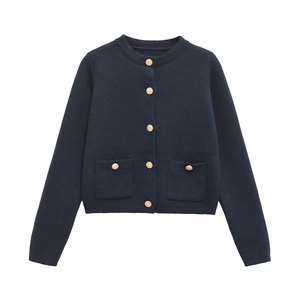 Classic dark blue knitted cardigan with golden buttons and retro style for women