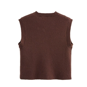 Back view of brown knit sweater vest with round neck and ribbed hem for women