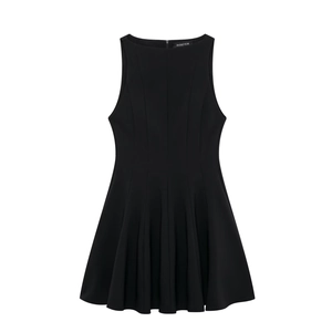 Sleeveless black short dress with A-line silhouette and princess seams for women