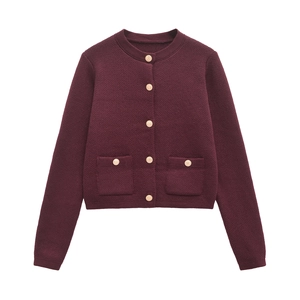Classic burgundy knitted cardigan with elegant gold buttons and stylish front pockets