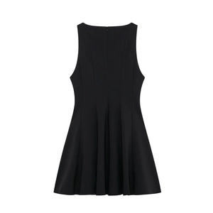 Elegant back view of sleeveless black mini dress with flared hem and invisible zipper