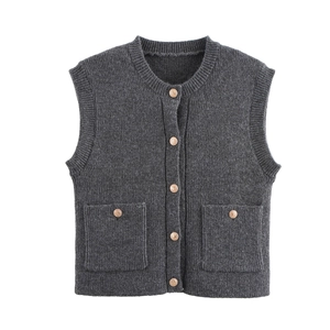 Women's dark grey knit vest with vintage gold buttons and ribbed edges in a minimalist style